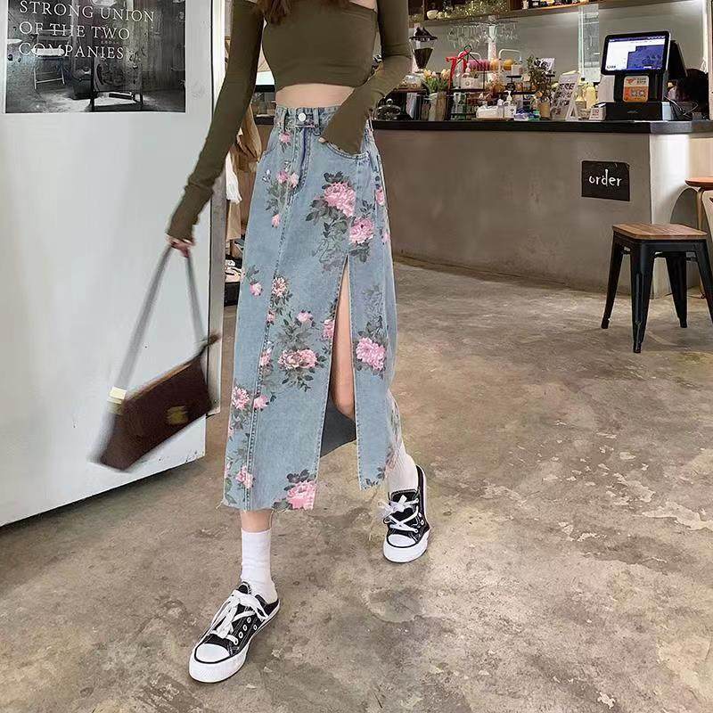 碎花半身裙子女春款大码胖妹妹高腰开叉显瘦中长款包臀牛仔裙
