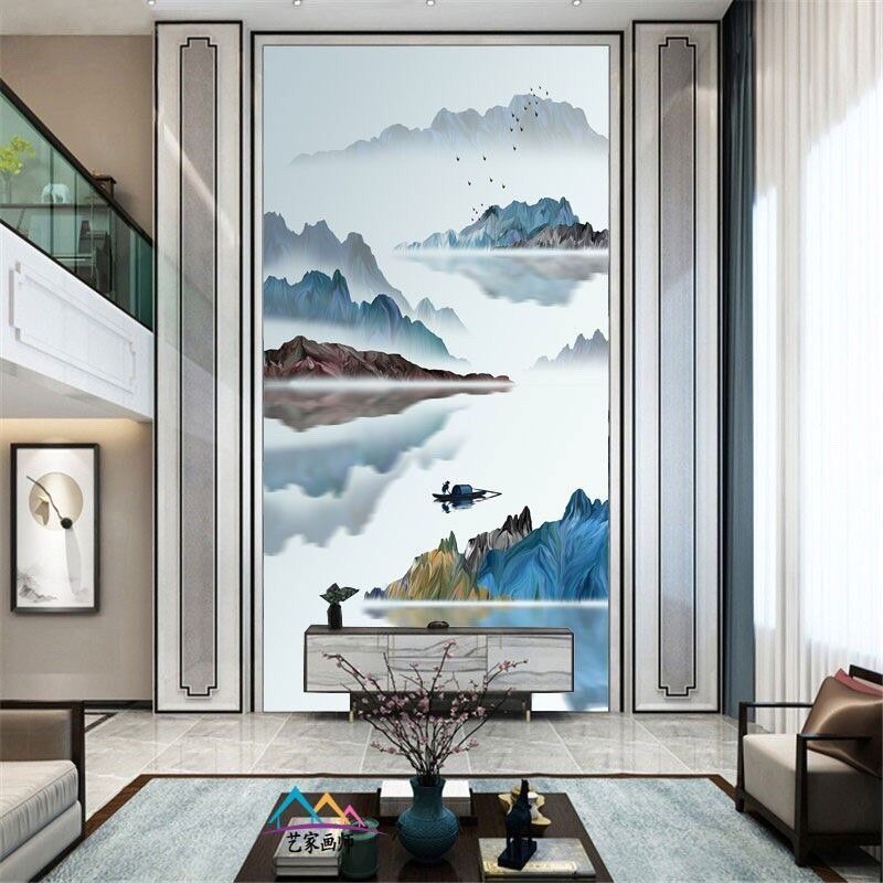 热销别墅挑高客厅复式楼电视背景墙壁画中式墙纸简约山水装饰画竖