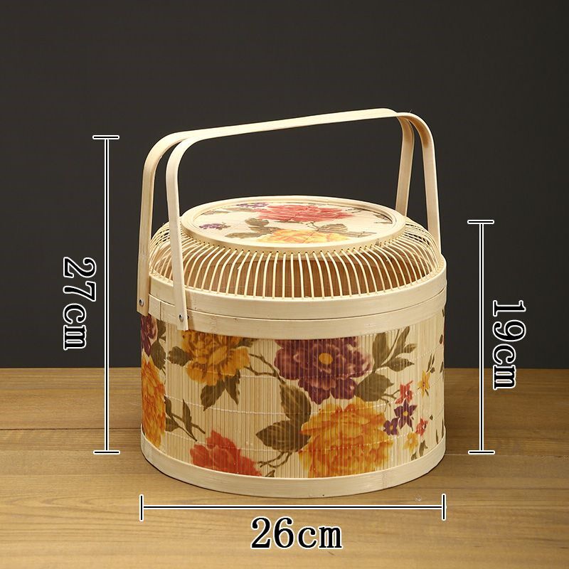 热销端午节装粽子月饼篮土特产包装圆形牡丹花手提竹编空竹篮子竹