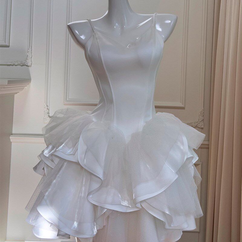 速发法式婚小小服裙轻奢吊带抹胸裙纱个子礼白裙白色缎面连衣裙 6