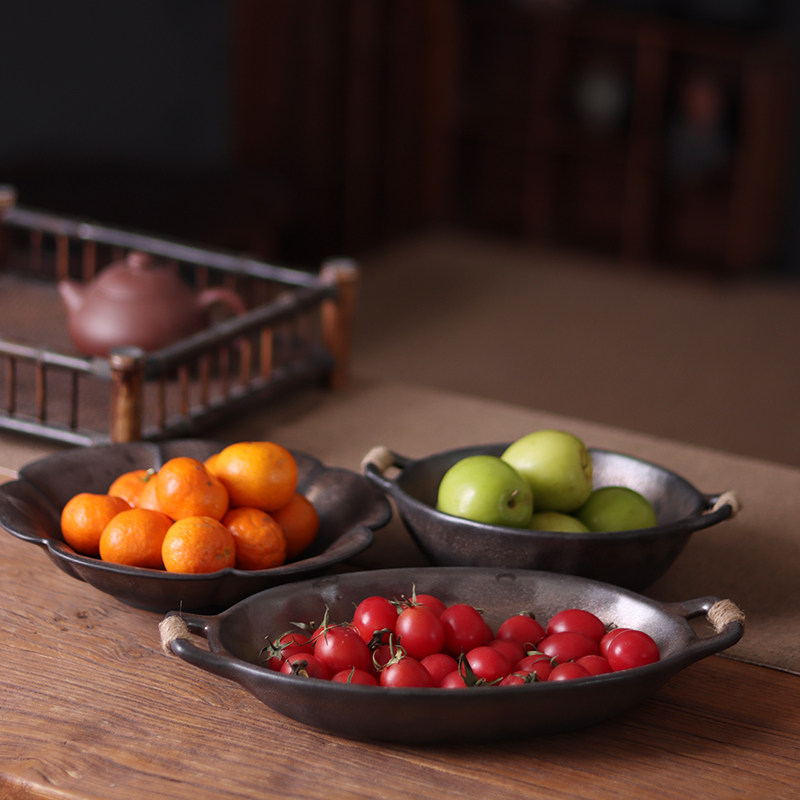 速发中式陶瓷果盘托盘日式茶道点心金水果复古鎏碟篮子茶点盘茶具