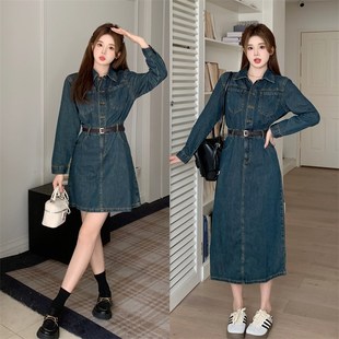 速发设计感A字裙大码长秋中春款连衣裙胖妹妹减龄遮胯长袖牛仔裙