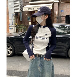 速发刺绣撞色半开中领美气复古计设感长袖 质外搭内穿上衣 t恤式