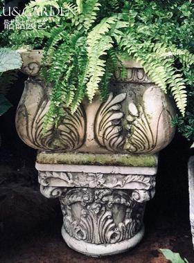 欧式罗马柱头粗陶复古做旧别墅户外装饰摆件花园庭院花盆底座摆件
