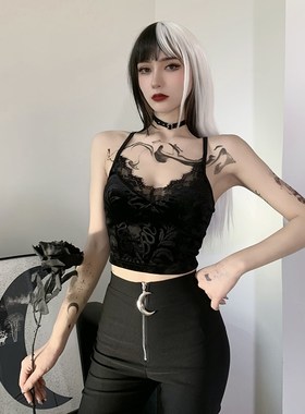 速发Wa亚thi辣 哥特蕾丝黑色吊带背心外穿露背性感a文化s妹小上衣