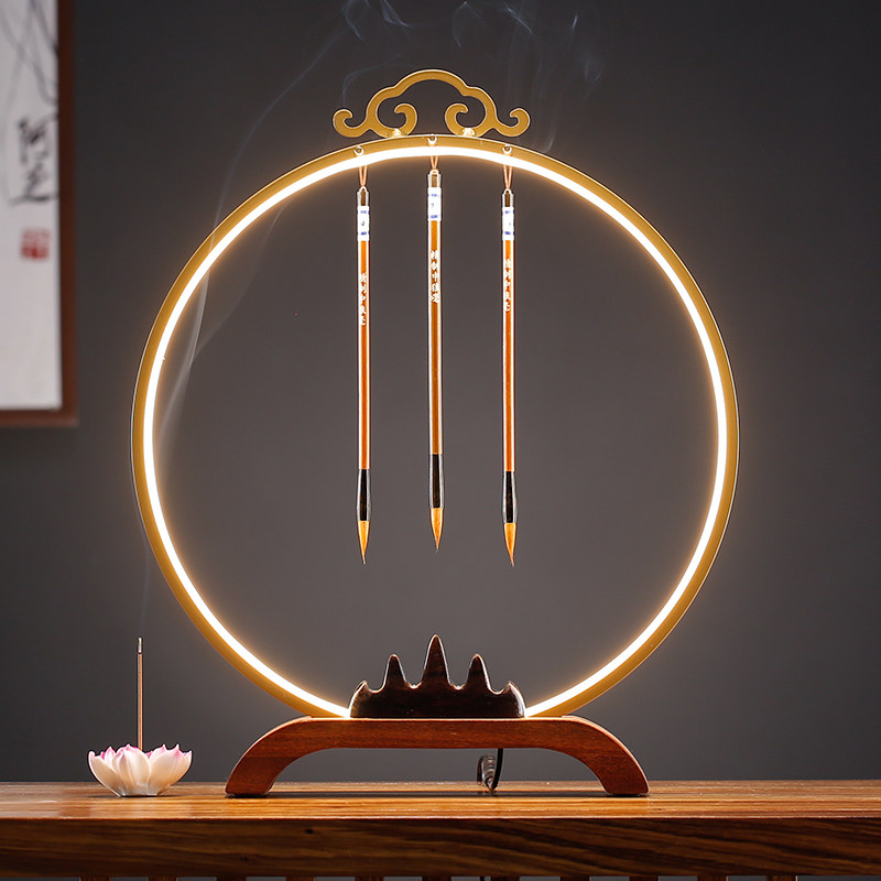 速发新中式笔架毛笔挂文书四宝套装房桌禅意摆件圆形灯饰房面家居