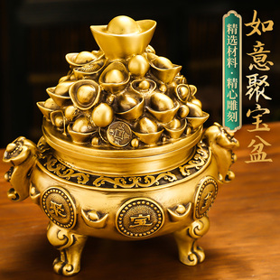 速发开盖如意聚宝盆存钱足黄铜摆件全黄铜可开盖三储罐钱罐客厅装