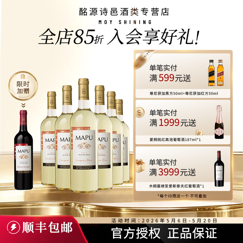 轩尼诗红酒智利原瓶大地长相思干白葡萄酒6支装整箱 顺丰包邮