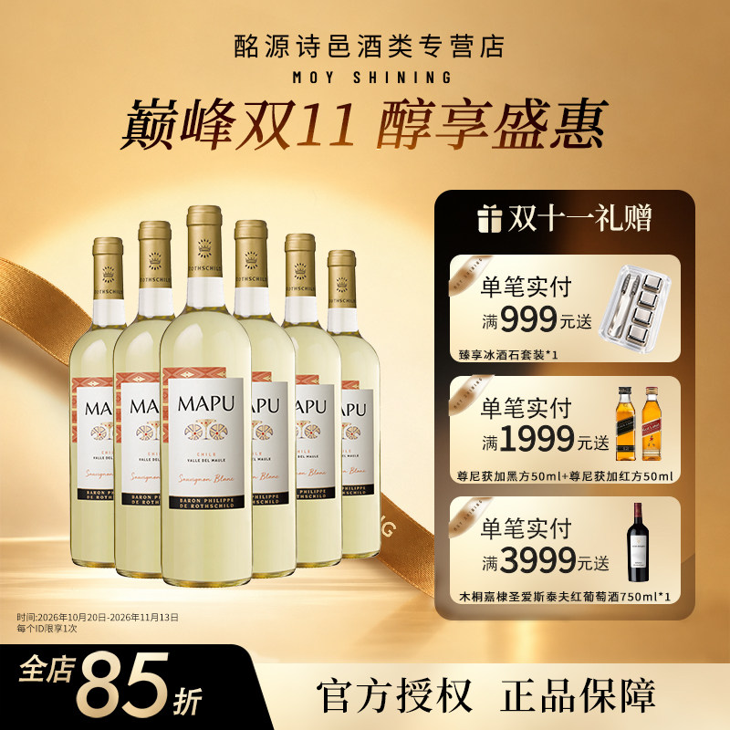 轩尼诗红酒智利原瓶大地长相思干白葡萄酒6支装整箱 顺丰包邮