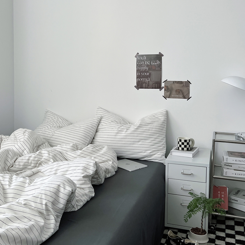 黑黑白条~四件套水洗棉1.u8床上用品被罩床单人学生宿舍三件套床