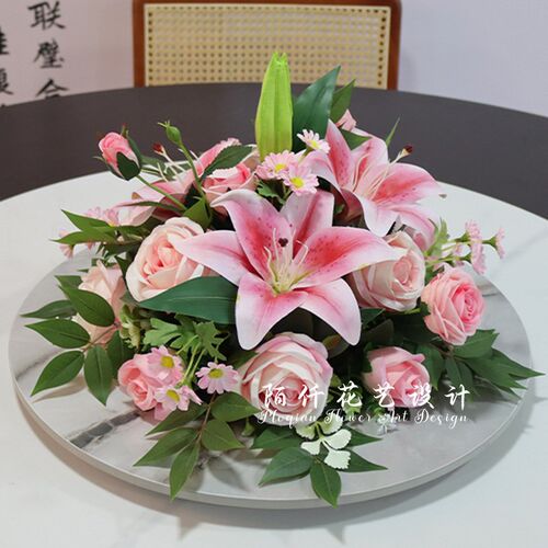 餐厅酒店桌花摆件百合玫瑰圆桌餐桌花摆花饭店桌面转W盘中间装饰