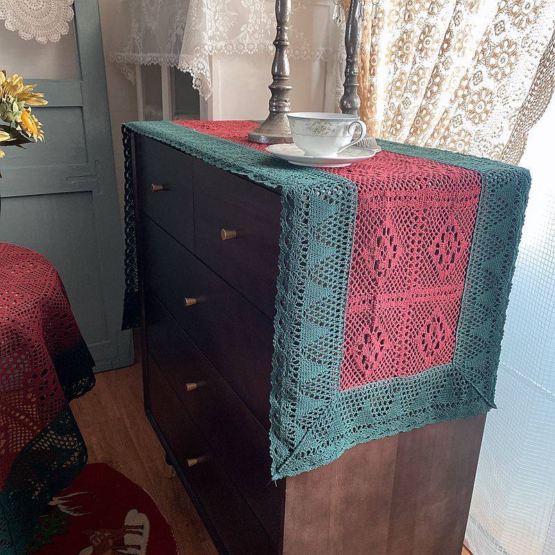 蓝墨秋黎圣诞季浓郁n美式乡村复古棉线编制蕾丝桌布茶几布桌旗盖