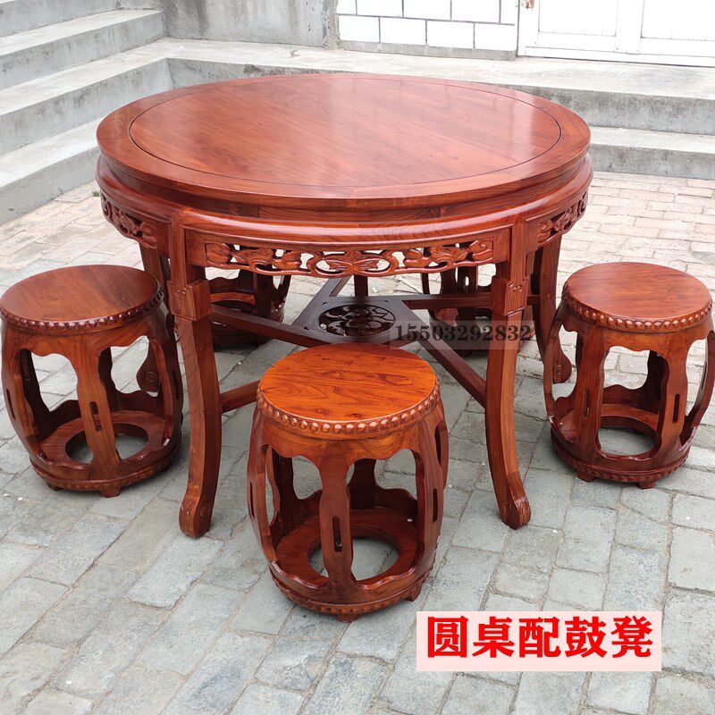 实木圆桌家d用 中式圆餐桌 餐台老榆木五子登科小户型圆形餐桌