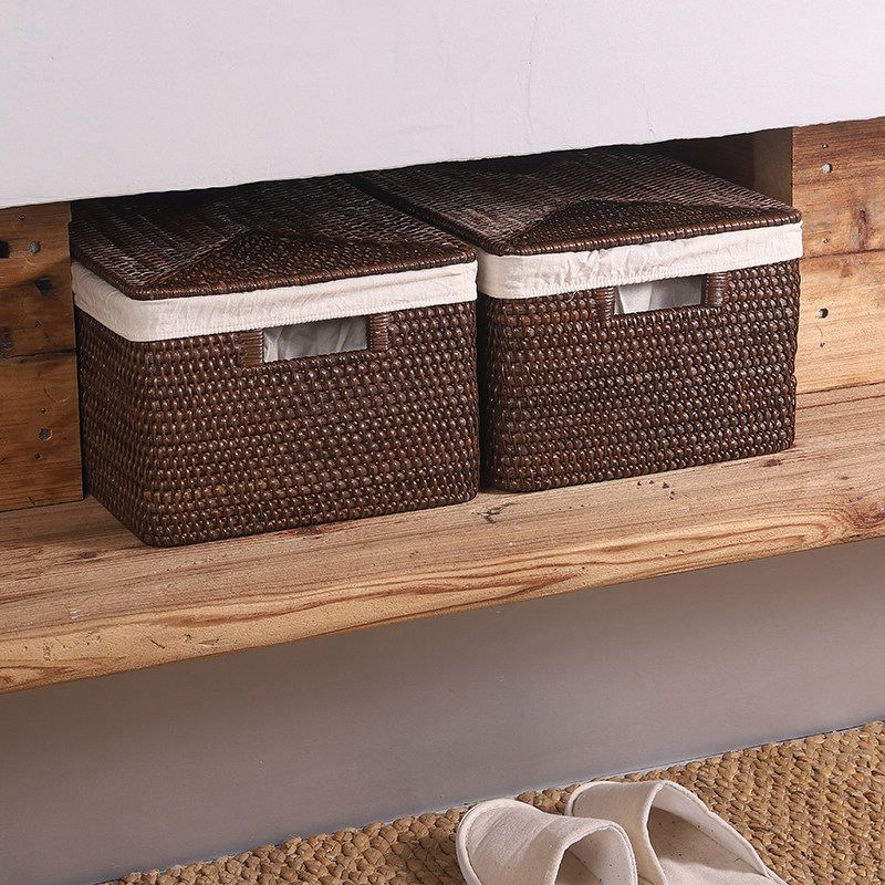 收纳筐藤编深咖棕色盒s衣物杂物带盖桌面编织带盖中式侘寂风