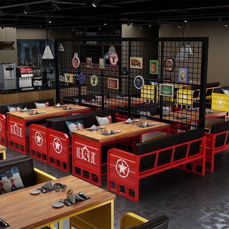 复古酒吧卡座h沙发工业风铁艺餐厅清吧奶茶店烧烤店桌椅组合餐桌