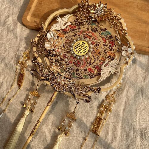 新娘团扇中式婚礼香槟色喜扇结婚ADIY材料包手捧花秀禾扇子双面绣