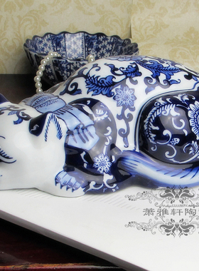 中式陶瓷青花瓷花猫复古欧式风桌面动Z物装饰摆件