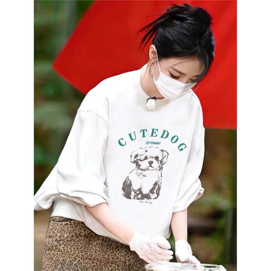 白色圆领卫衣女春秋新款美式潮牌小狗设计宽松加绒加厚长袖上衣女