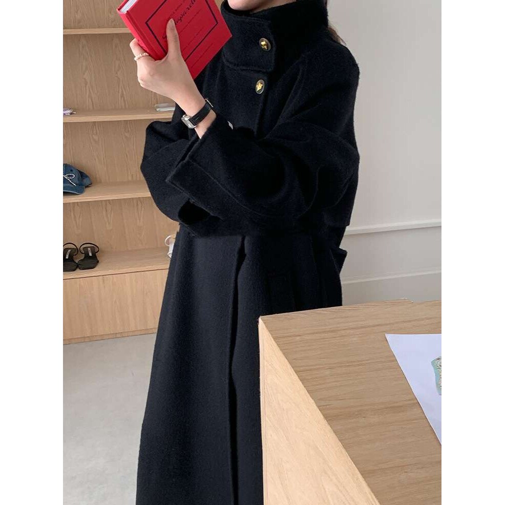 COLD敌黑金初剪羊毛大衣2024秋冬新款立领气质腰带毛呢外套中长款