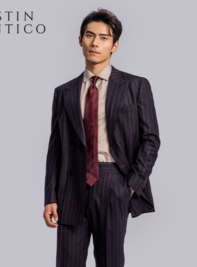 意式半麻衬双排扣条纹商务休闲正装法兰绒羊毛男士新郎西装套装