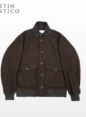 意大利Drago男士A1复古千鸟格立领飞行员夹克冬格纹羊毛休闲外套