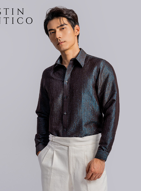 意式复古绿色桑蚕丝长袖男士高级感宽松商务休闲衬衫