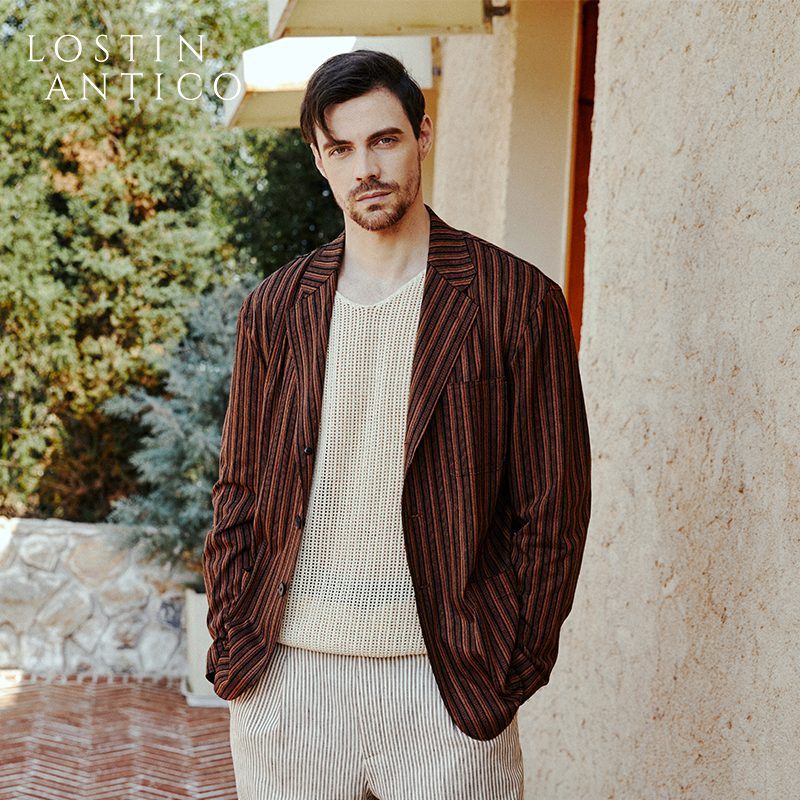 焦糖色条纹撞色设计师款休闲西装