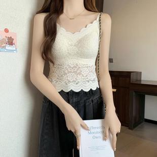純欲甜美蕾絲吊帶背心女生胸墊一體內(nèi)搭外穿美背無(wú)痕修身 上衣