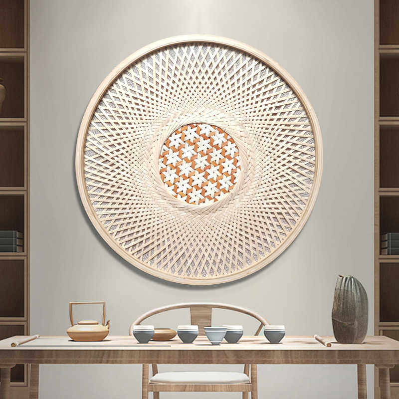 原木风竹编实物装饰画卧室茶楼墙壁画玄关圆形餐厅挂画纯手工画框