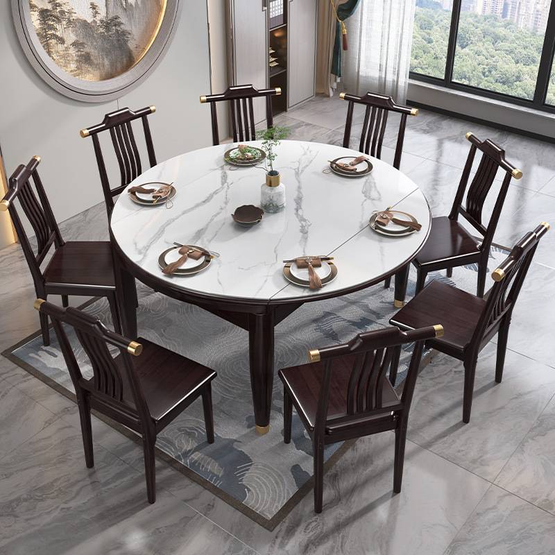 实木餐桌圆桌商用新中式白色家用饭桌伸缩方圆两用可变圆桌客厅