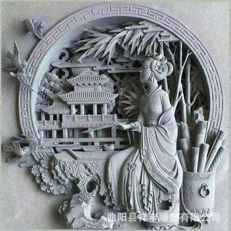 户外景观汉白玉人物浮雕壁画摆件屏风中式仿古缕空装饰窗花石雕图片