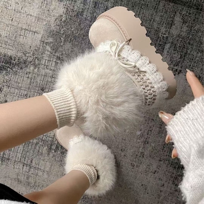 白色厚底内增高加绒加厚雪地靴女2025新款防滑保暖毛毛勃肯棉鞋子