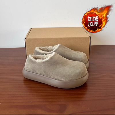 2025秋冬新款磨砂大头勃肯鞋男加绒保暖厚底复古一脚蹬雪地靴棉鞋