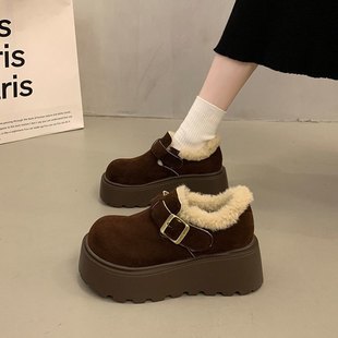 厚底增高勃肯鞋女加绒乐福鞋2025新款冬季加厚保暖雪地靴毛毛棉鞋