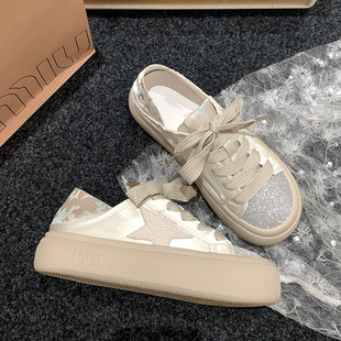 两穿星星休闲鞋女款2025春夏季新款透气小个子增高厚底百搭小白鞋