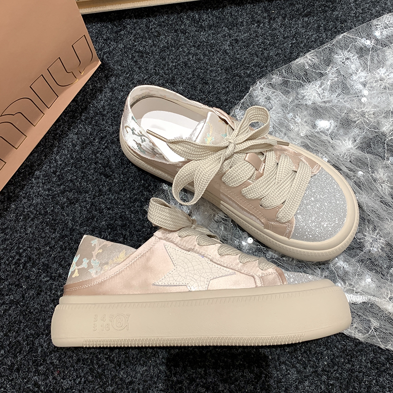 厚底星星两穿休闲小白鞋女2025新款绸缎面时尚洋气板鞋软底帆布鞋