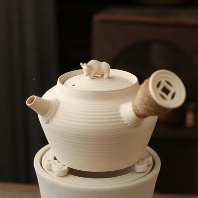 白泥砂铫 壶拉潮汕工夫KAE茶炭炉 牛煮壶茶壶白陶烧水壶 手壶黑晶