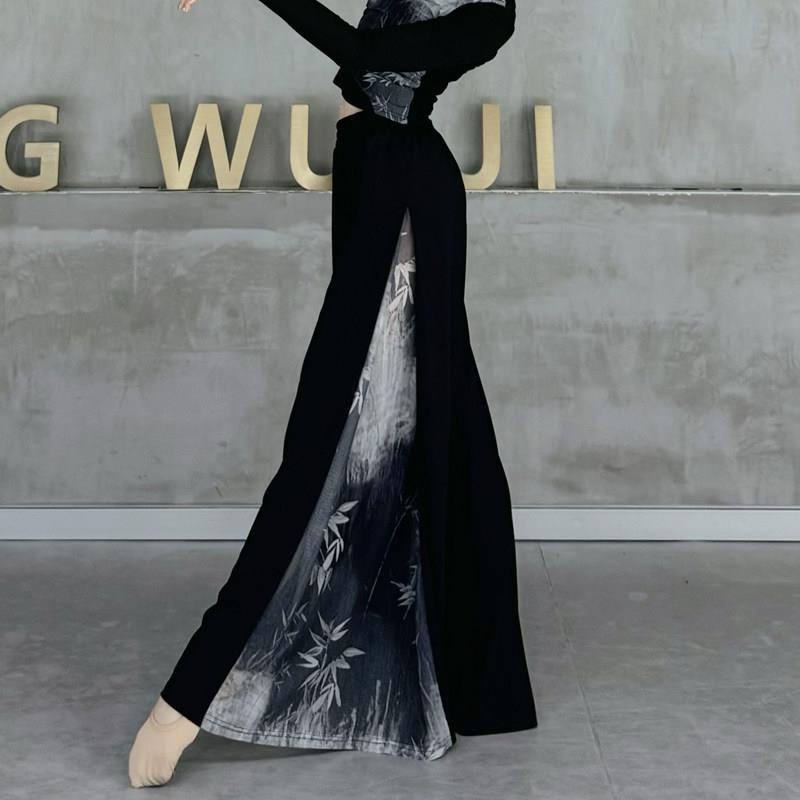 绑现代舞练功裤舞古中国风舞蹈服水墨画演出服典黑色宽裤带裤裙