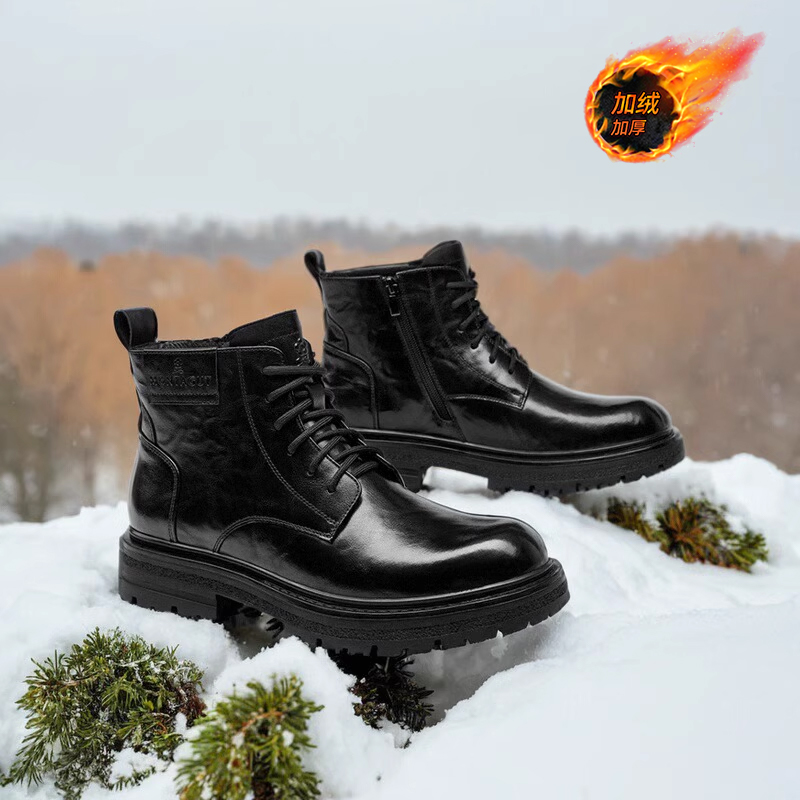 Montagut/梦特娇男士加绒保暖马丁靴 冬季头层牛皮高帮棉鞋雪地靴