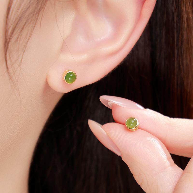 若在江南｜天然和田碧玉纯银耳钉女纯银高端大气精致气质玄学耳饰