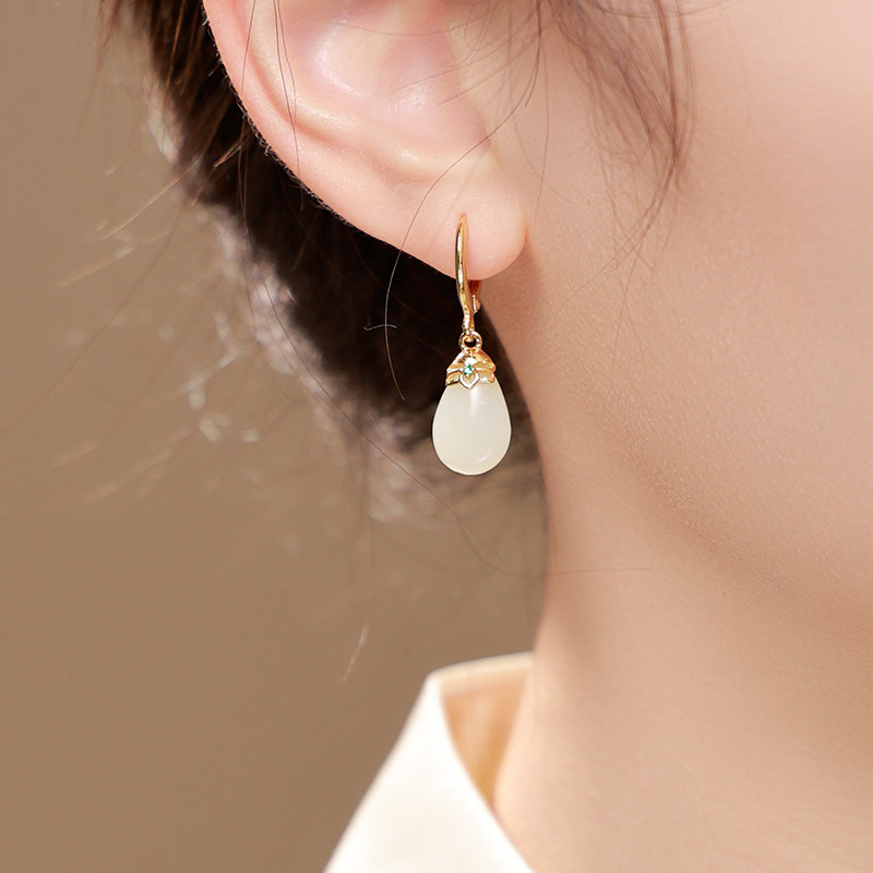 若在江南｜天然和田玉水滴款耳环新中式耳饰纯银高级感妇女节礼物