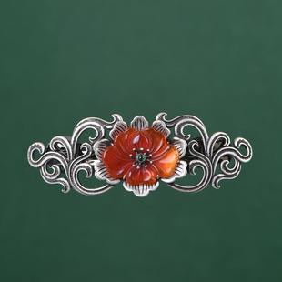 网红- 925银复古做旧优雅时尚玛瑙牡丹花女款发卡发夹头饰发饰