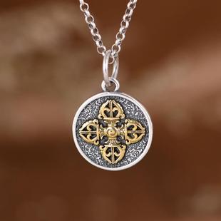 网红- 925银吊坠 复古银圆牌金色十字金刚杵吊牌银饰挂件配饰
