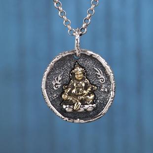 网红- 925银吊坠 复古做旧金色十字金刚杵黄财像莲花银圆牌吊饰