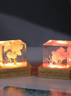 手工白鹿樱花树夜灯桌面发光生日礼物情侣伴手礼小摆件树脂工艺品