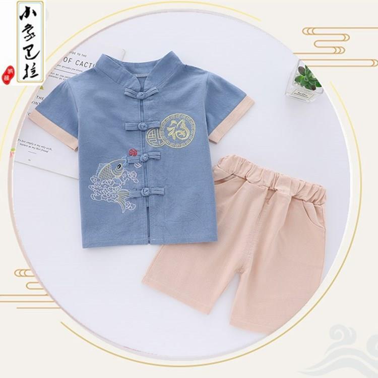 2022新款汉服夏季儿童复古唐装男童棉麻国风童套装宝宝抓周服