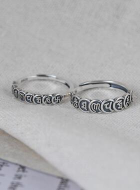 网红-925银复古时尚银饰指环大小版开口梵文文字情侣银戒指