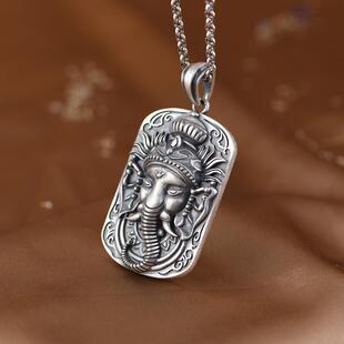 网红- 925银象鼻像吊坠 复古工艺哑光亮银吉象银牌挂件毛衣坠