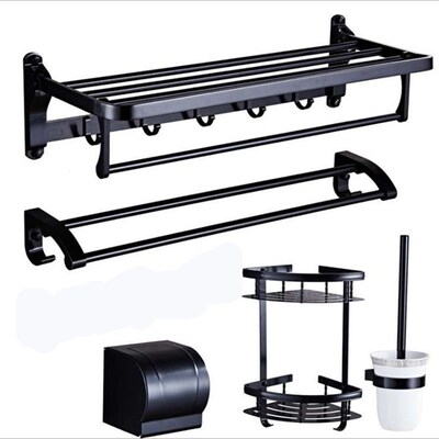黑色太空铝浴巾架带钩 置物架  手纸盒 马桶刷 三角架 毛巾架套装