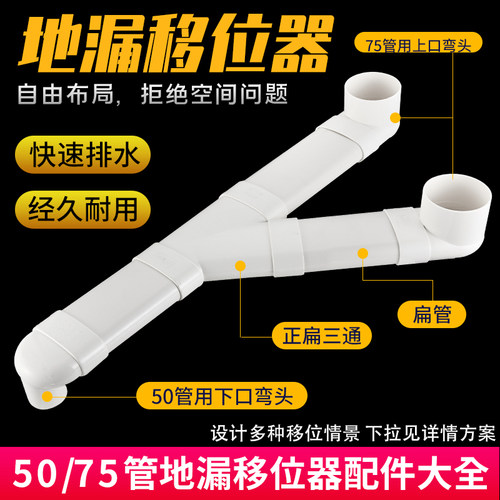 75管50PVC管地漏移位器配件阳台卫生间地漏下水扁管移位弯头三通